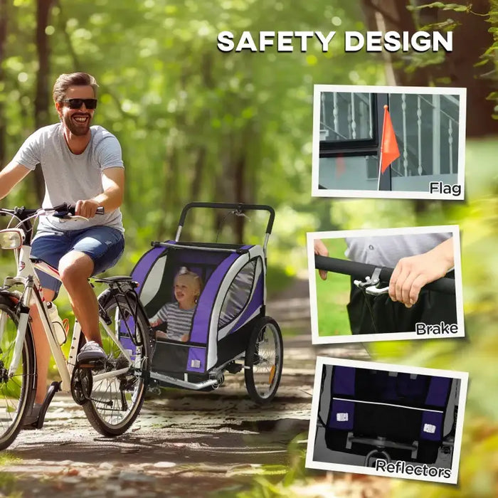 Kids Bike Trailer – Purple | 2-Seater Bicycle Carrier - Safety Harness and Hand Brake HOMCOM - Little and Giant Explorers HOMCOM
