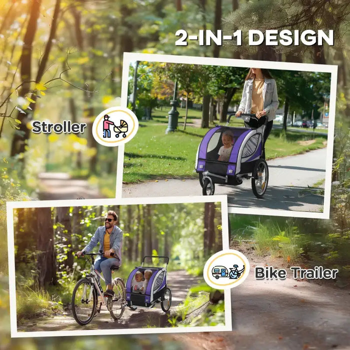 Kids Bike Trailer – Purple | 2-Seater Bicycle Carrier - Safety Harness and Hand Brake HOMCOM - Little and Giant Explorers HOMCOM