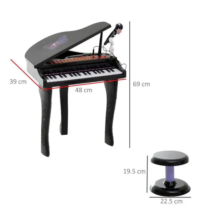Kids black mini grand piano keyboard set with 37 keys, microphone, and matching stool, shown with measurements.