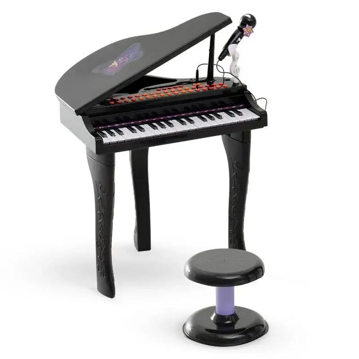 Kids black 37-key mini grand piano keyboard set with stool and attached microphone