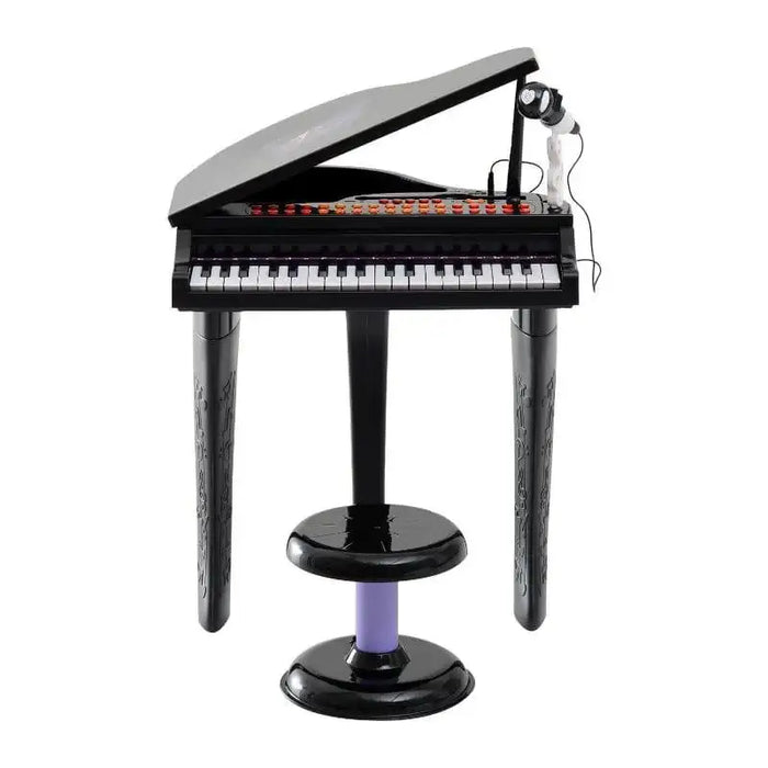 Kids black 37-key mini grand piano keyboard set with stool and attached microphone