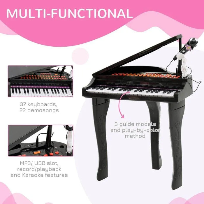 Kids black 37-key mini grand piano with microphone, MP3 slot, and karaoke features