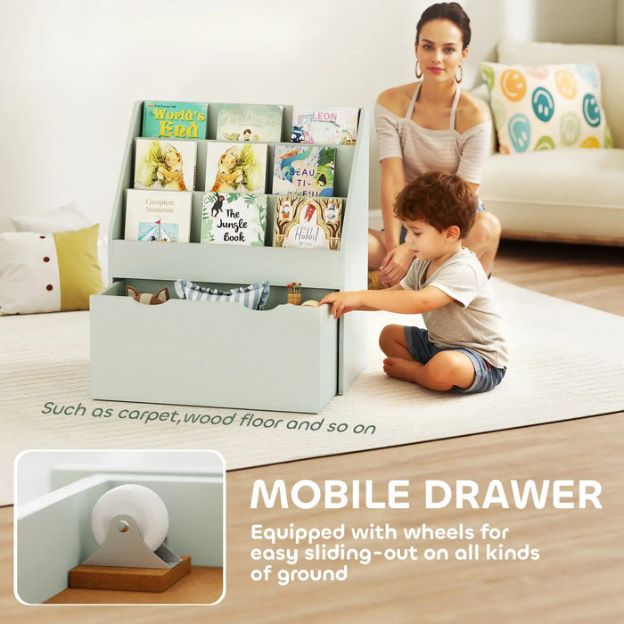 Kids Bookcase – Green | 3-Shelf Storage Unit with Rolling Drawer AIYAPLAY - Little and Giant Explorers AIYAPLAY