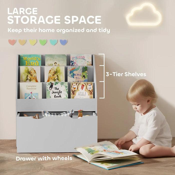 Kids Bookcase – Grey | 3-Shelf Storage Unit with Rolling Drawer AIYAPLAY - Little and Giant Explorers AIYAPLAY
