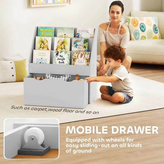 Kids Bookcase – Grey | 3-Shelf Storage Unit with Rolling Drawer AIYAPLAY - Little and Giant Explorers AIYAPLAY