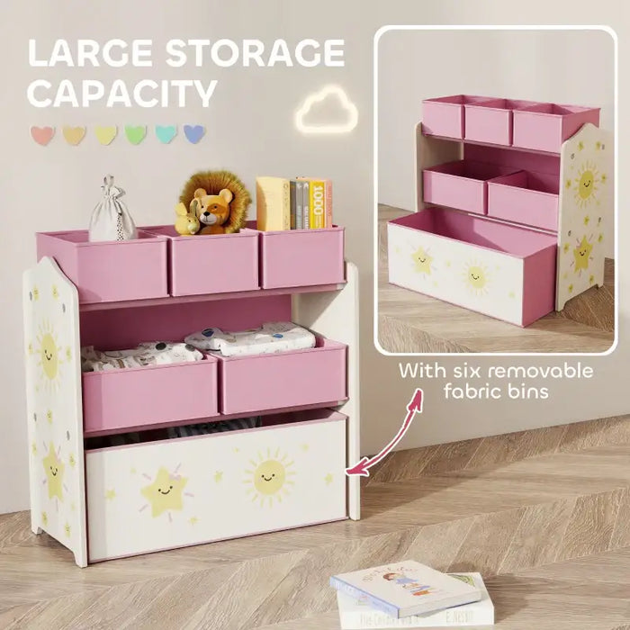Kids Bookcase with 6 Fabric Boxes – Pink | Three-Tier Storage Shelf with Cartoon Design AIYAPLAY - Little and Giant Explorers AIYAPLAY