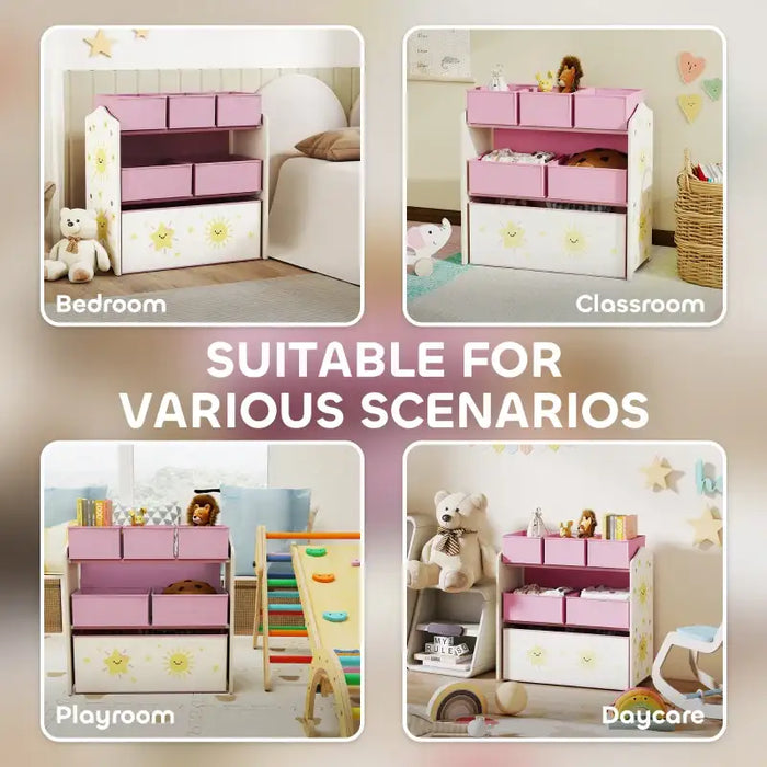 Kids Bookcase with 6 Fabric Boxes – Pink | Three-Tier Storage Shelf with Cartoon Design AIYAPLAY - Little and Giant Explorers AIYAPLAY