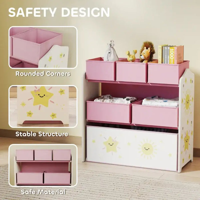 Kids Bookcase with 6 Fabric Boxes – Pink | Three-Tier Storage Shelf with Cartoon Design AIYAPLAY - Little and Giant Explorers AIYAPLAY