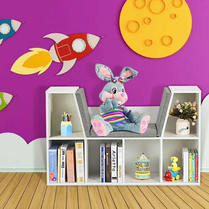 Kids Bookcase with Seat | 6-Cube Storage Shelf with Cushioned Reading Nook COSTWAY - Little and Giant Explorers Costway