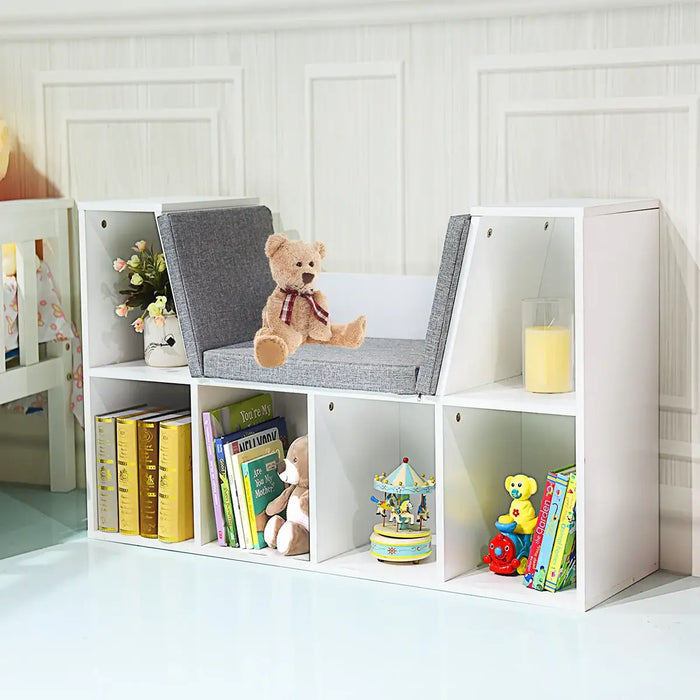 Kids Bookcase with Seat | 6-Cube Storage Shelf with Cushioned Reading Nook COSTWAY - Little and Giant Explorers Costway