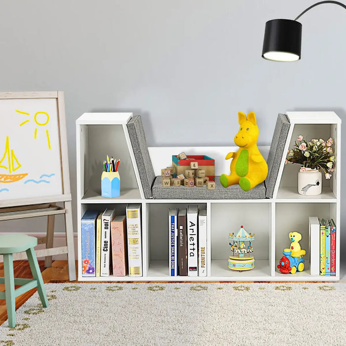 Kids Bookcase with Seat | 6-Cube Storage Shelf with Cushioned Reading Nook COSTWAY - Little and Giant Explorers Costway