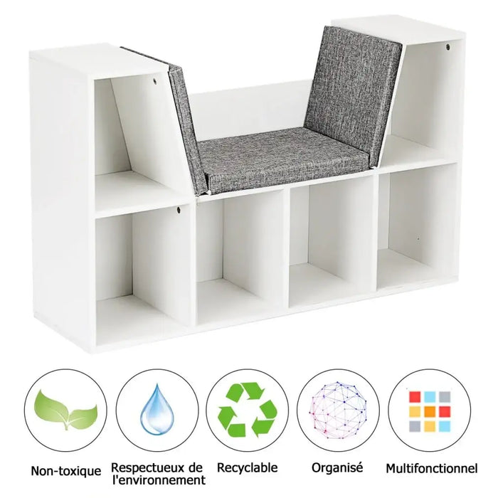 Kids Bookcase with Seat | 6-Cube Storage Shelf with Cushioned Reading Nook COSTWAY - Little and Giant Explorers Costway