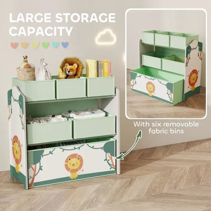 Kids Bookshelf – Green 3-Tier Storage Unit with 6 Fabric Boxes | Cartoon Theme AIYAPLAY - Little and Giant Explorers AIYAPLAY