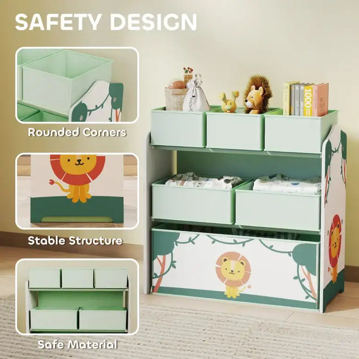Kids Bookshelf – Green 3-Tier Storage Unit with 6 Fabric Boxes | Cartoon Theme AIYAPLAY - Little and Giant Explorers AIYAPLAY