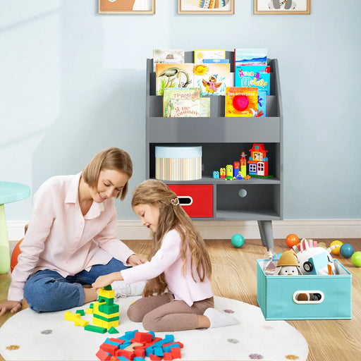 Kids Bookshelf - Grey | 3 Tiers, Open Compartment and 2 Fabric Drawers COSTWAY - Little and Giant Explorers Costway