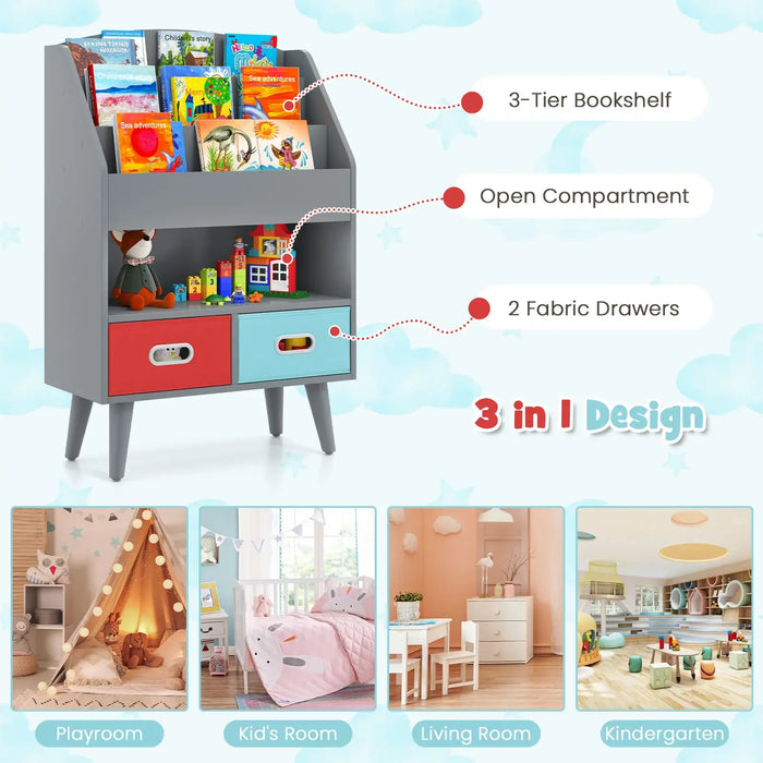 Kids Bookshelf - Grey | 3 Tiers, Open Compartment and 2 Fabric Drawers COSTWAY - Little and Giant Explorers Costway