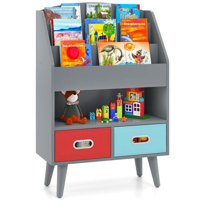 Kids Bookshelf - Grey | 3 Tiers, Open Compartment and 2 Fabric Drawers COSTWAY - Little and Giant Explorers Costway