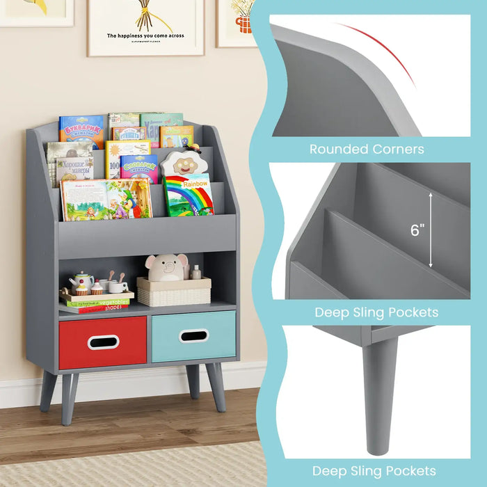 Kids Bookshelf - Grey | 3 Tiers, Open Compartment and 2 Fabric Drawers COSTWAY - Little and Giant Explorers Costway