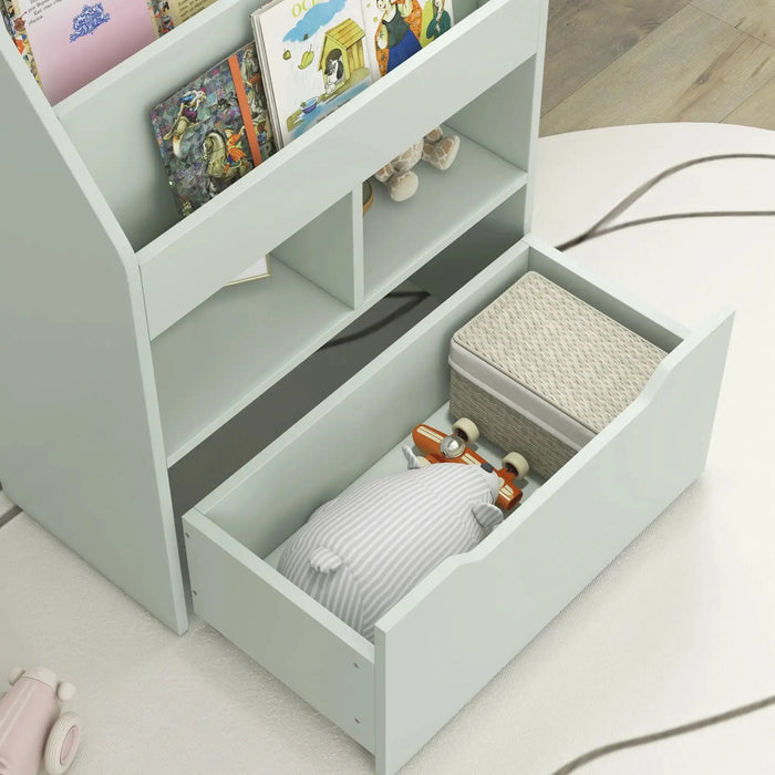 Kids Bookshelf Toy Organiser and Storage Drawer with Wheels in Green - Little and Giant Explorers HOMCOM