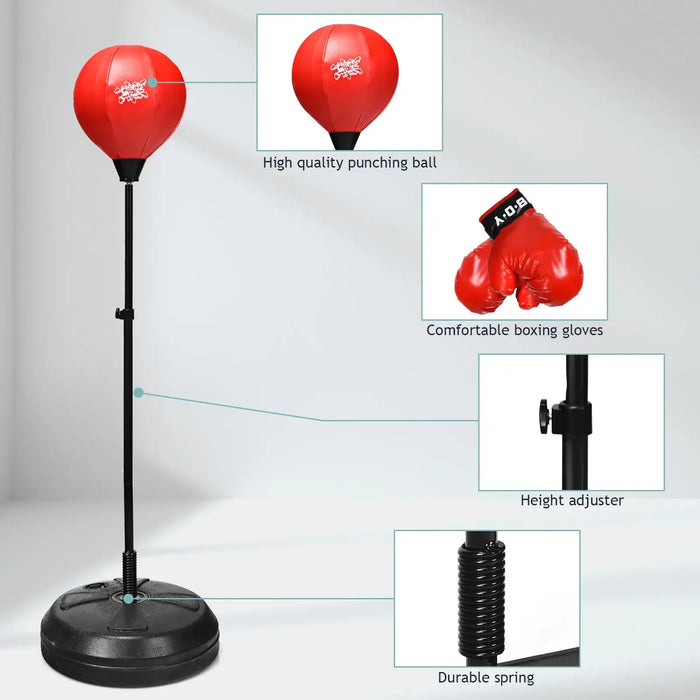 Red punching ball with black adjustable stand, boxing gloves, and durable spring base