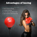 Fit woman in red boxing gloves with red punching bag and benefits of boxing listed