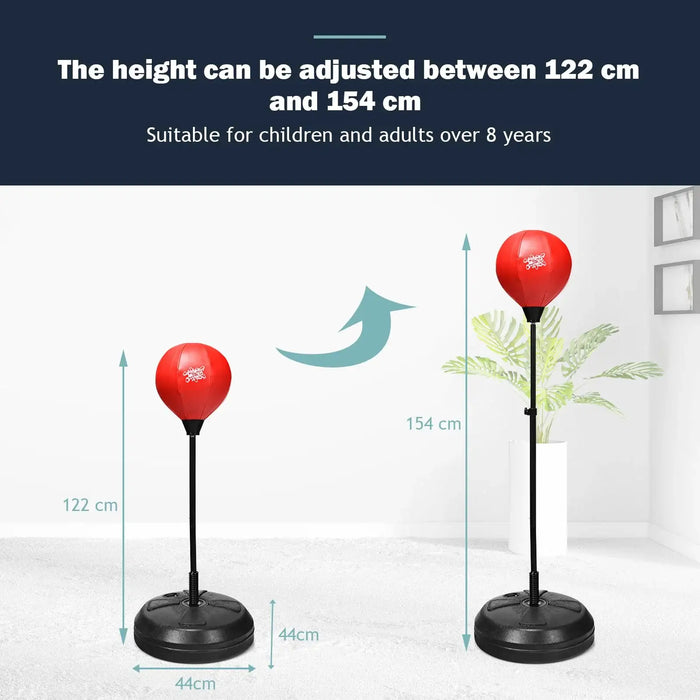 Adjustable height red punching ball with black base, 122 to 154 cm tall, indoor use