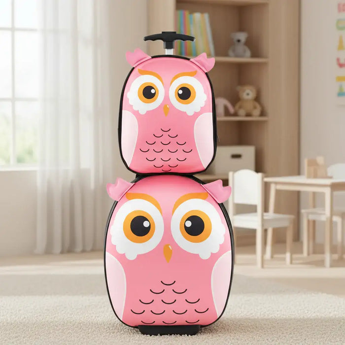 Stacked pink owl-themed kids rolling suitcases in a bright playroom with toys and furniture