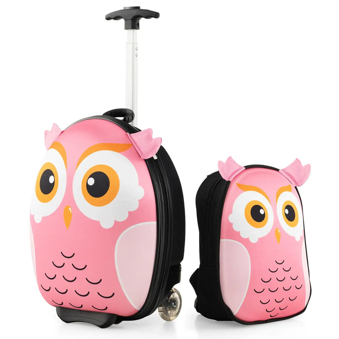 Pink owl-themed children's rolling suitcase and matching backpack with large eyes and soft ears