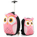 Pink owl-themed children's rolling suitcase and matching backpack with large eyes and soft ears