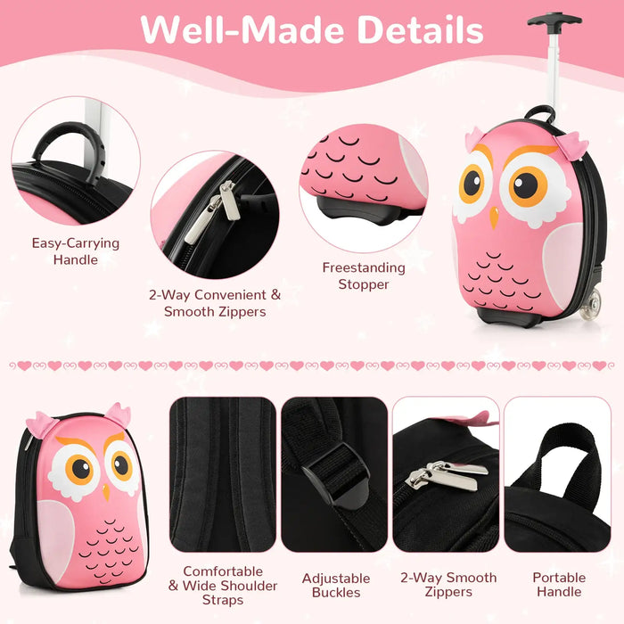 Pink owl kids suitcase with easy-carry handle, smooth 2-way zippers, freestanding stopper, adjustable straps
