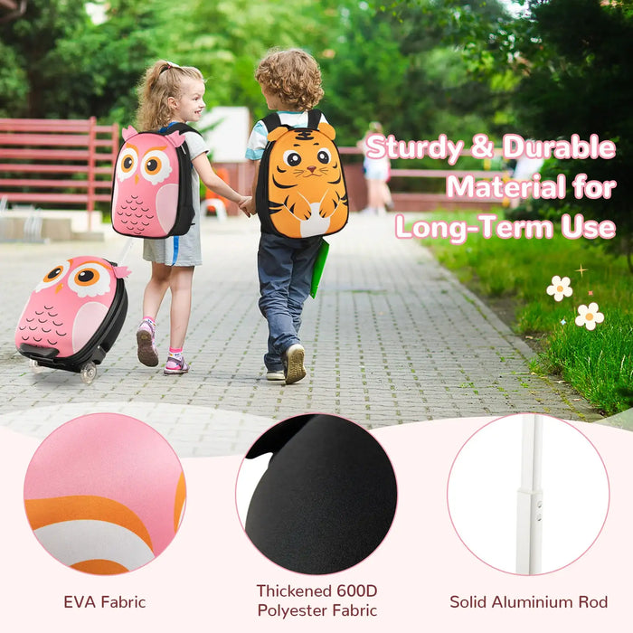 Kids walking outdoors with pink owl and orange tiger backpacks made of sturdy EVA and polyester fabric