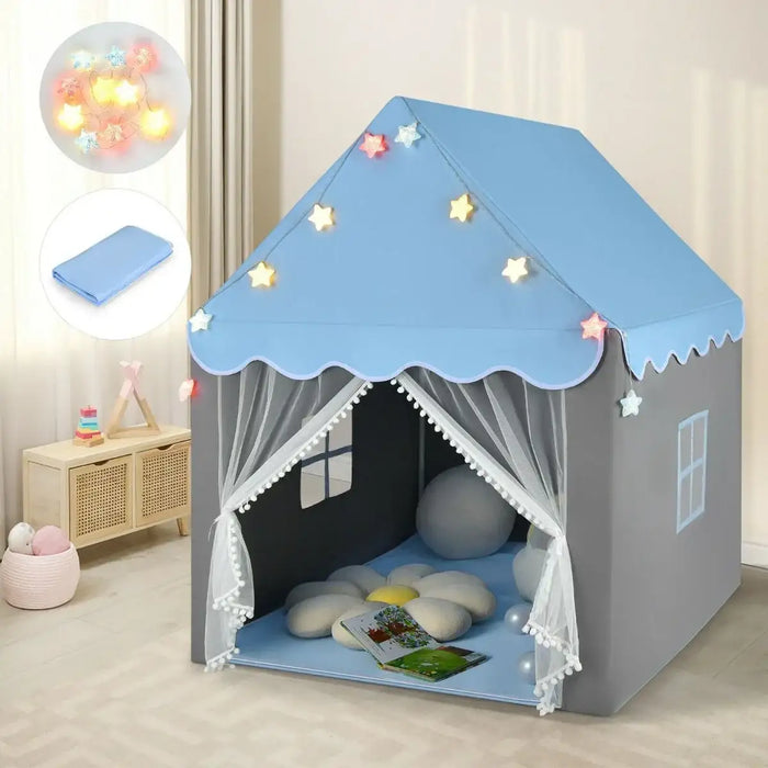 Kids Castle Play Tent – Pink and Grey | Star Lights, Mat and Mesh Windows COSTWAY - Little and Giant Explorers Costway
