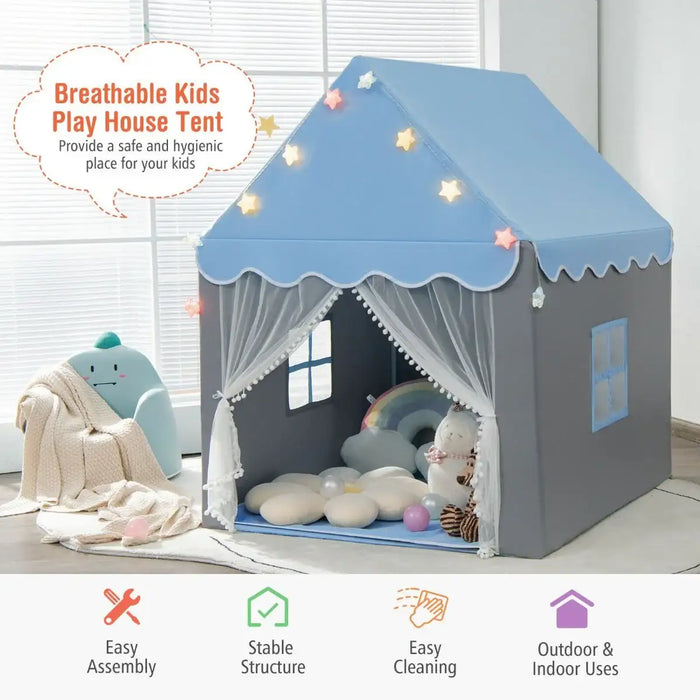 Kids Castle Play Tent – Pink and Grey | Star Lights, Mat and Mesh Windows COSTWAY - Little and Giant Explorers Costway