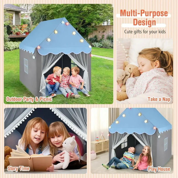 Kids Castle Play Tent – Pink and Grey | Star Lights, Mat and Mesh Windows COSTWAY - Little and Giant Explorers Costway