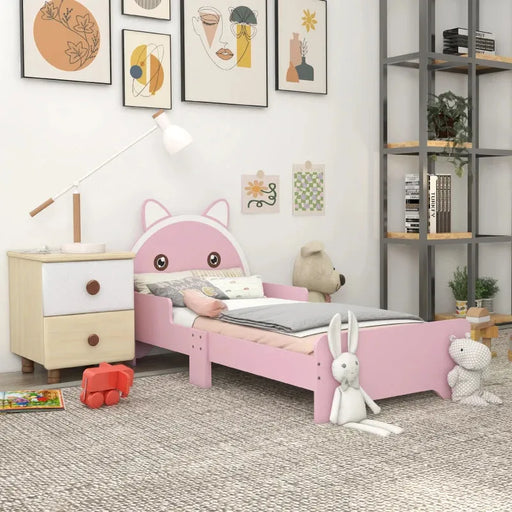 Kids Cat Design Bed with Guardrails in Pink (74 x 143cm) - Little and Giant Explorers ZONEKIZ