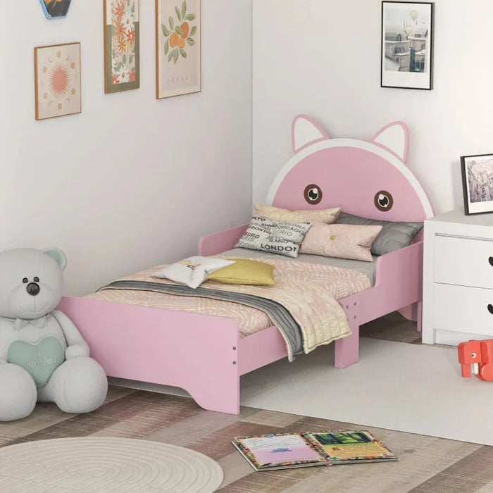 Kids Cat Design Bed with Guardrails in Pink (74 x 143cm) - Little and Giant Explorers ZONEKIZ