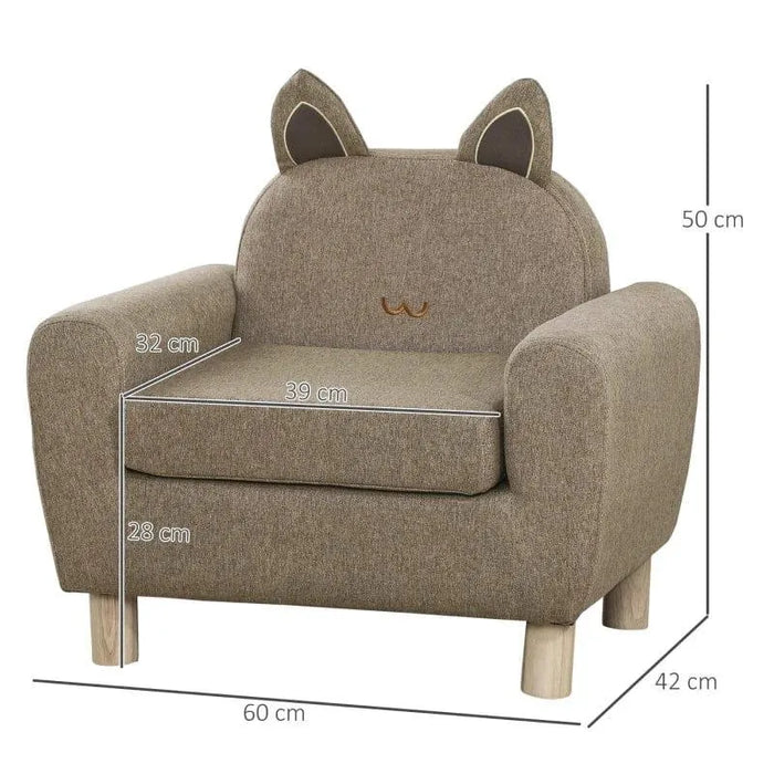 Kids brown armchair with ear-shaped backrest, eucalyptus wood legs, and size dimensions shown