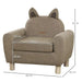 Kids brown armchair with ear-shaped backrest, eucalyptus wood legs, and size dimensions shown