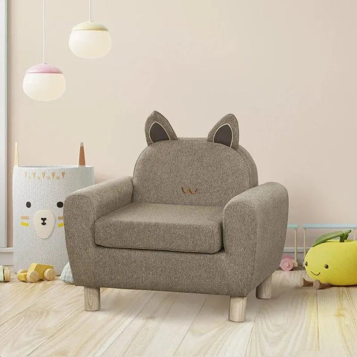 Kids chair, brown eucalyptus wood, ear-shaped backrest, in cozy playroom setting