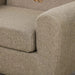 Close-up of brown kids chair with armrest and ear-shaped backrest detail, fabric upholstery