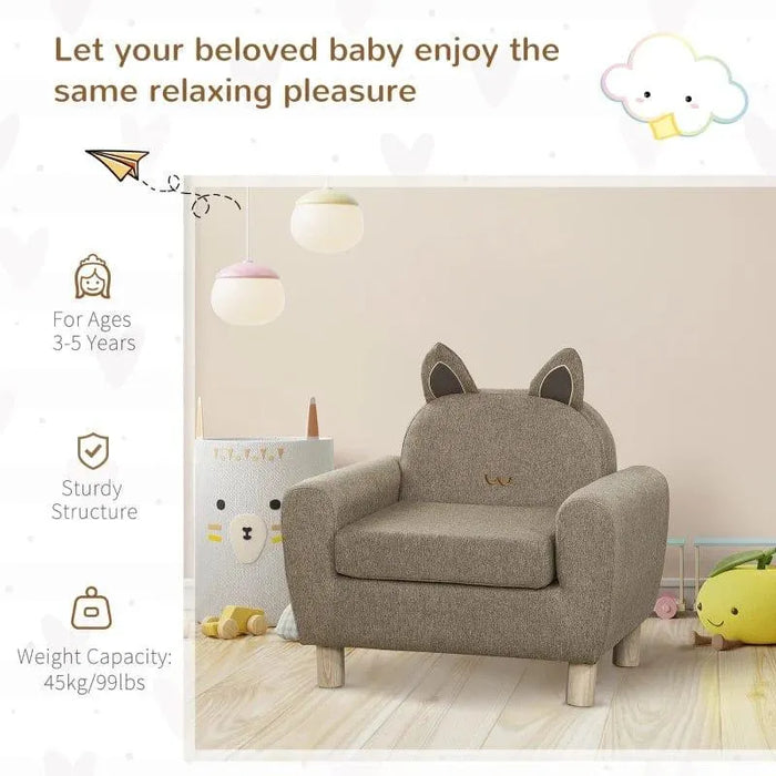 Kids brown chair with ear-shaped backrest in cozy room, eucalyptus wood legs