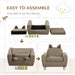 Easy to assemble kids chair in brown, wood legs, ear-shaped backrest, step-by-step setup.