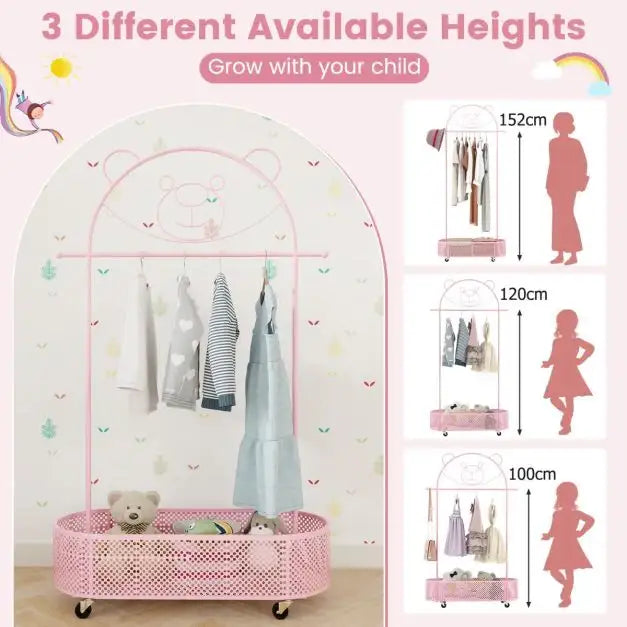 Kid Clothes Rack with 3 Adjustable Heights in Pink - Little and Giant Explorers Costway