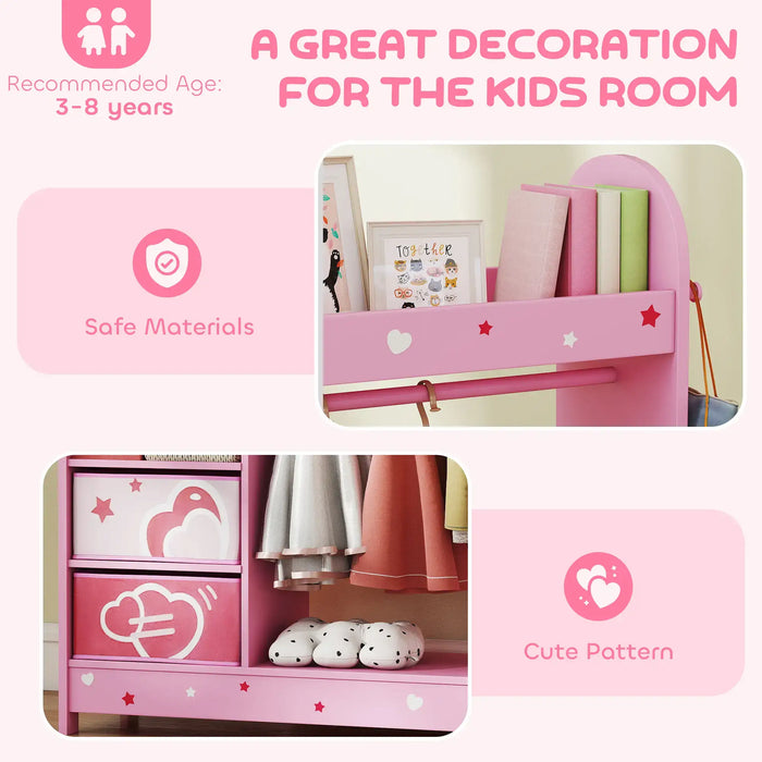Pink kids clothes rail with cute star and heart patterns, decorated with books and children's clothes