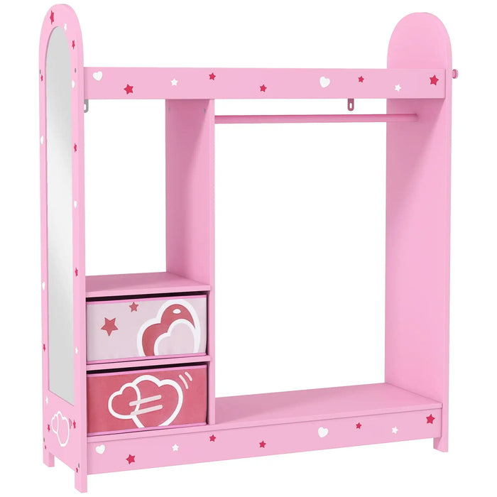 Pink kids storage shelf with hanging rail, two heart-print fabric drawers, and full-length mirror