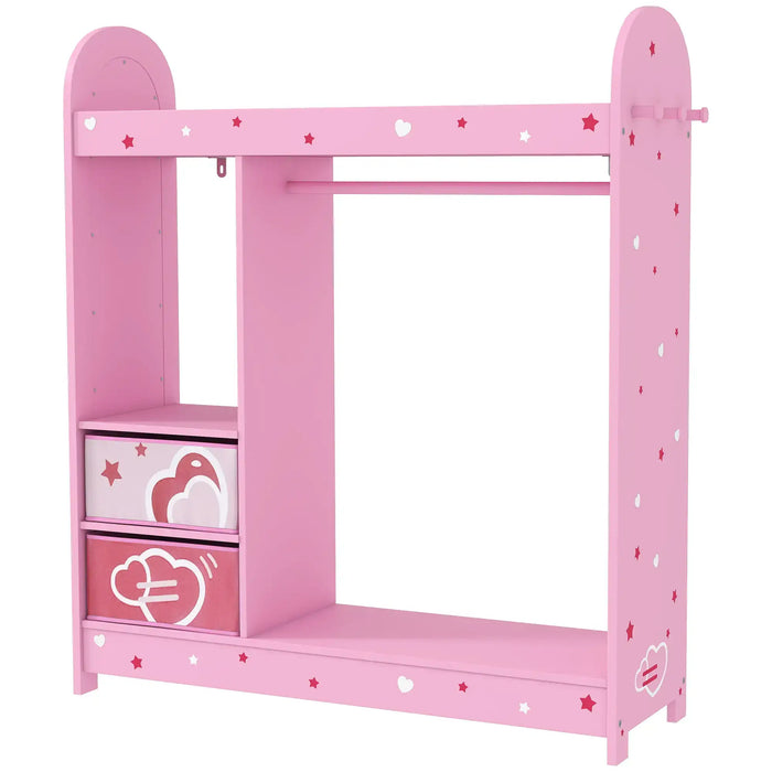 Pink children's clothes rail with heart and star prints, storage drawers, and hooks for kids' room