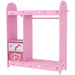 Pink children's clothes rail with heart and star prints, storage drawers, and hooks for kids' room