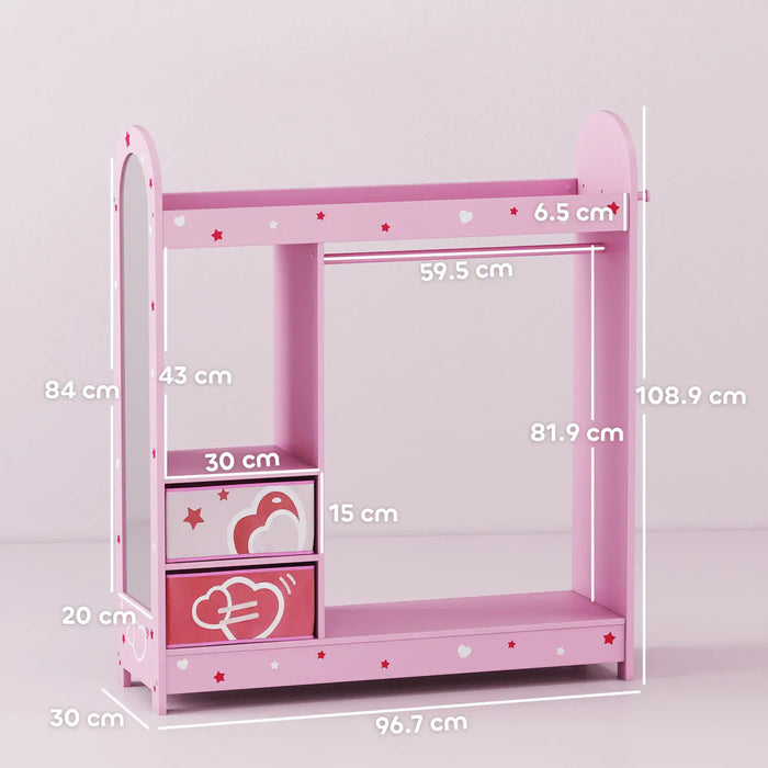 Pink kids clothes rail with heart and star prints, storage boxes, full-length mirror, dimensions