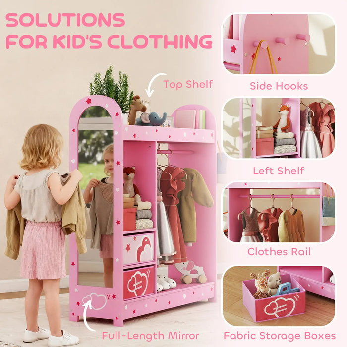 Pink kids clothes rail with full-length mirror, top shelf, side hooks, left shelf, and fabric storage boxes