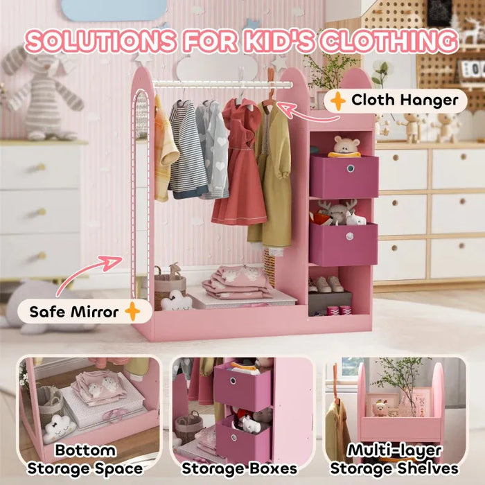 Kids Clothes Rail with Storage Shelf, Boxes and Mirror in Pink - Little and Giant Explorers AIYAPLAY